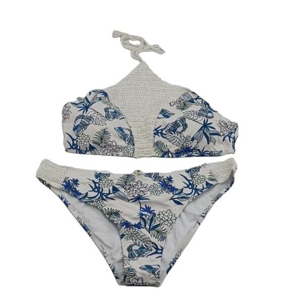 Cupshe Bikini Blue White Floral Palm Tropical Cheeky Gal Halter Womens Size 2XL - Picture 1 of 6